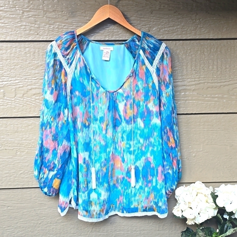 SUNDANCE Silk Print Tunic Top w Tie Lace Trim PM